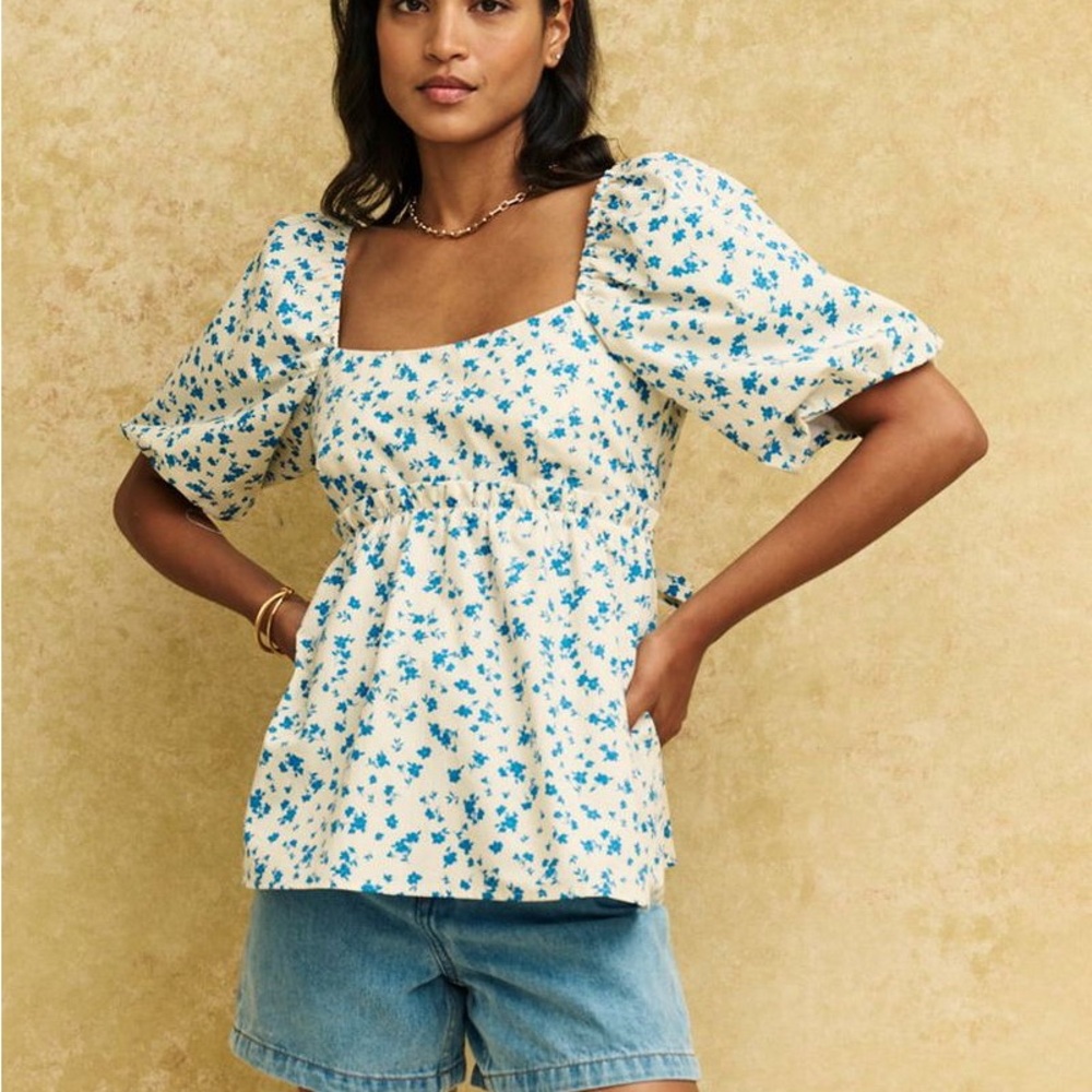 Blue and White Smocked Puff Sleeve Blouse